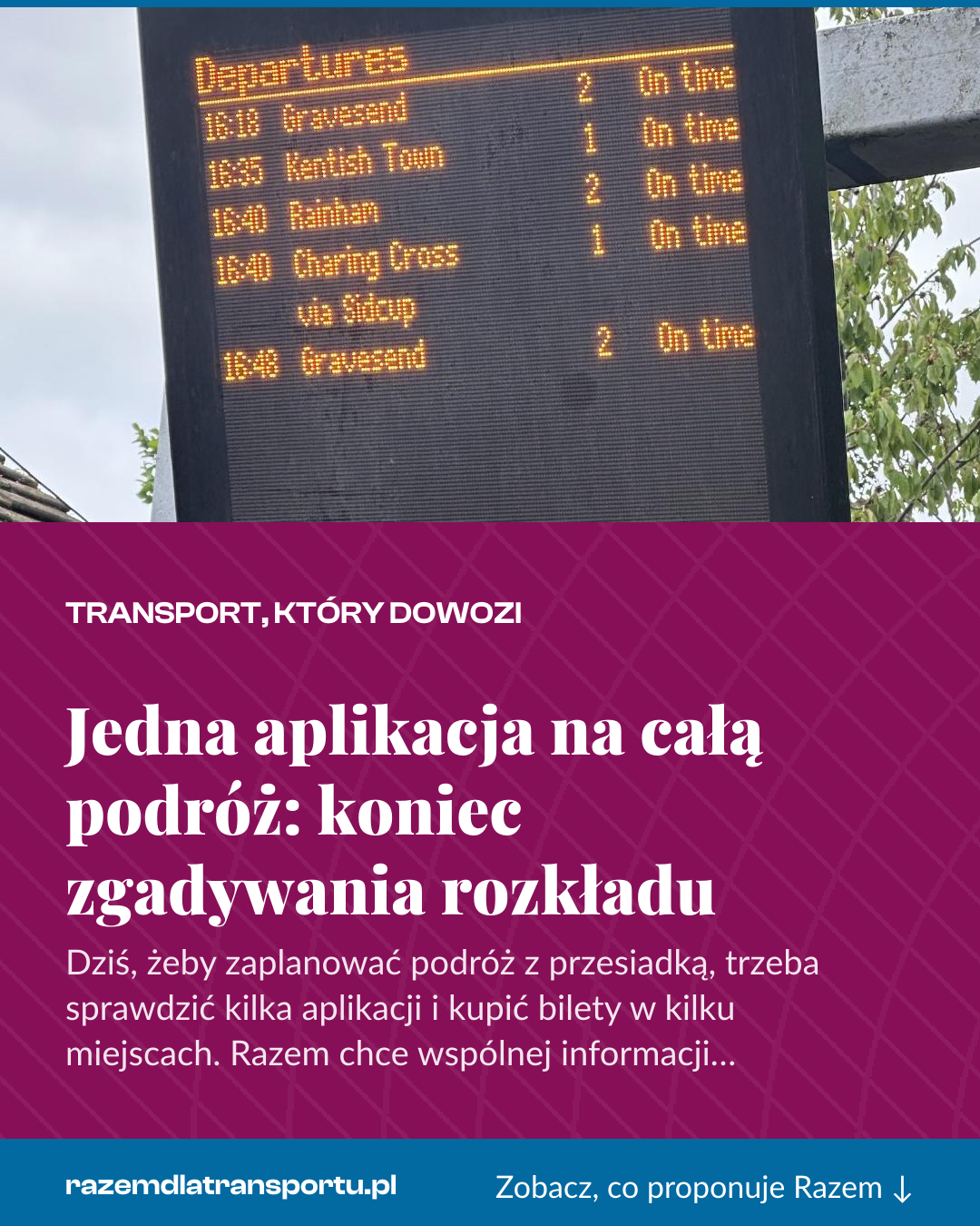 Grafika pionowa do udostępnienia: Jedna aplikacja na całą podróż: koniec zgadywania rozkładu