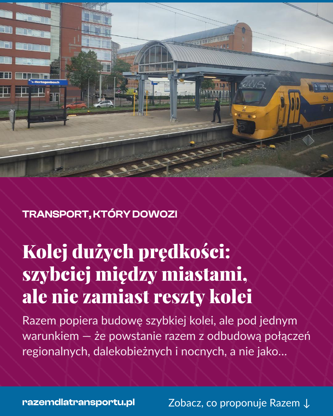 Grafika pionowa do udostępnienia: Kolej dużych prędkości: szybciej między miastami, ale nie zamiast reszty kolei
