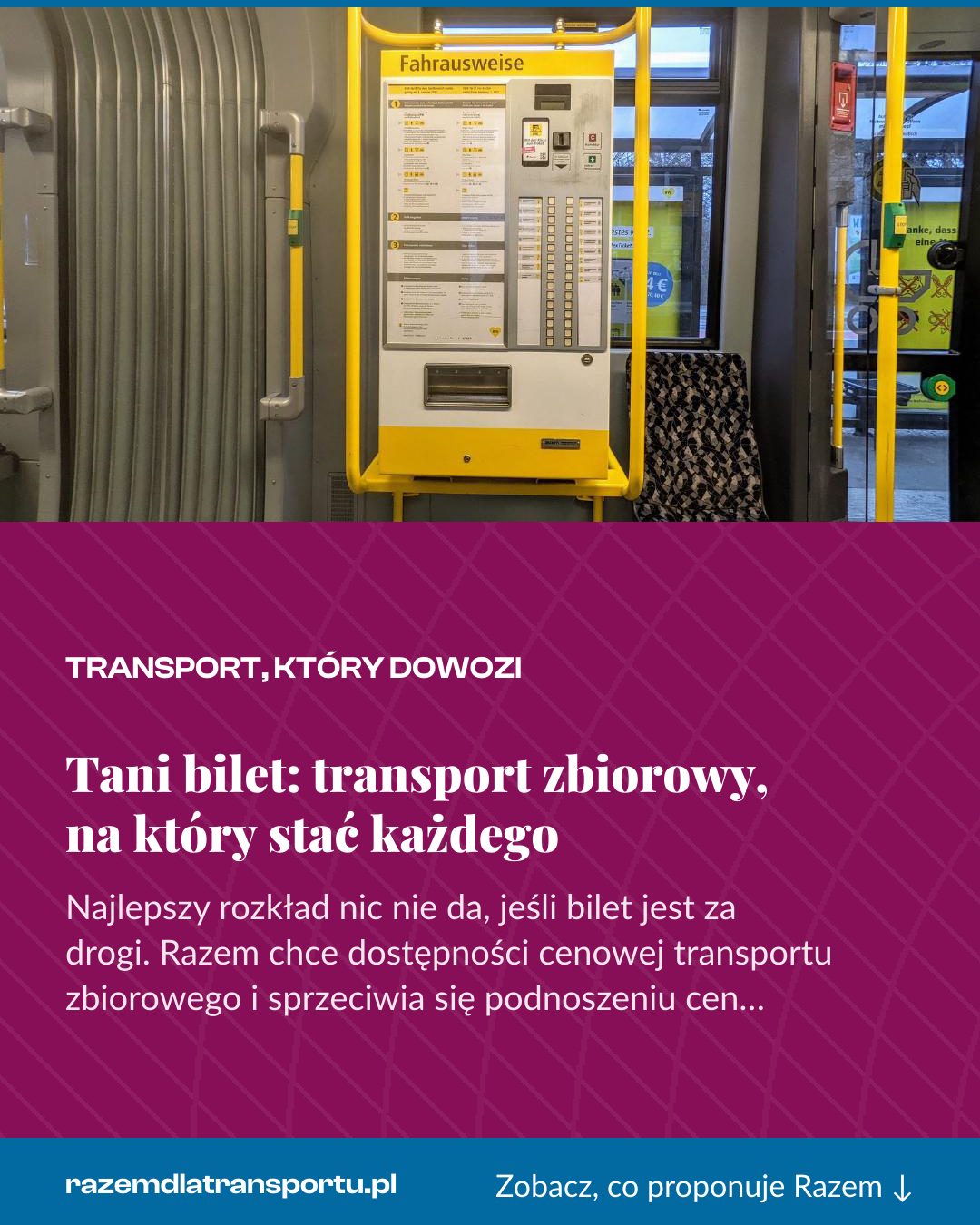 Grafika pionowa do udostępnienia: Tani bilet: transport zbiorowy, na który stać każdego